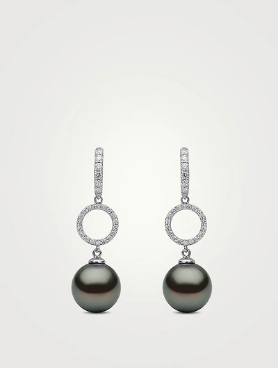 18K White Gold Pearl And Diamond Circle Drop Earrings
