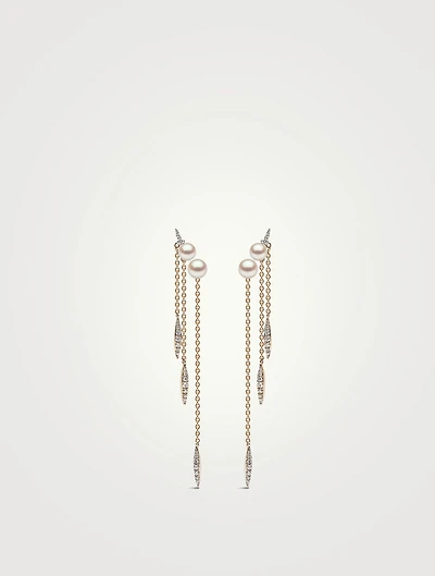 Trend 18K Gold Pearl And Diamond Feather Chain Earrings