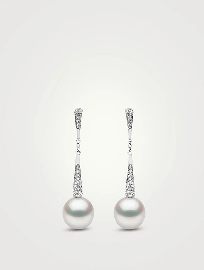 Trend 18K White Gold Pearl And Diamond Motif Drop Earrings