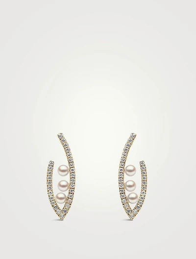 Sleek 18K Gold Triple Floating Akoya Pearl And Diamond Earrings