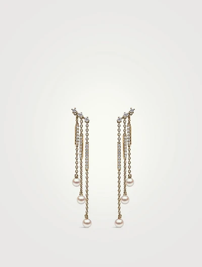Sleek 18K Gold Akoya Pearl And Diamond Triple Chain Drop Earrings