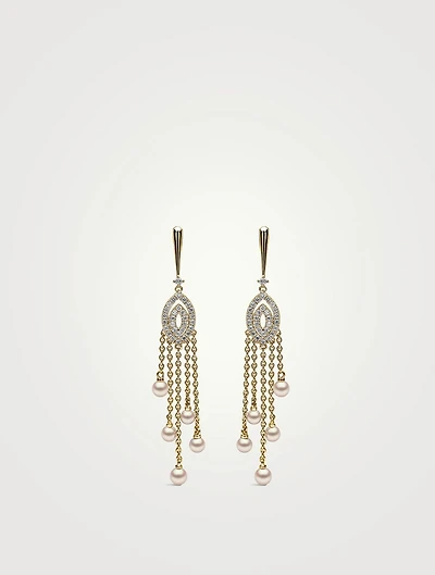 Sleek 18K Gold Akoya Pearl And Diamond Chain Drop Earrings