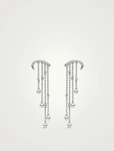 Sleek 18K White Gold Akoya Pearl And Diamond Arch Chain Drop Earrings