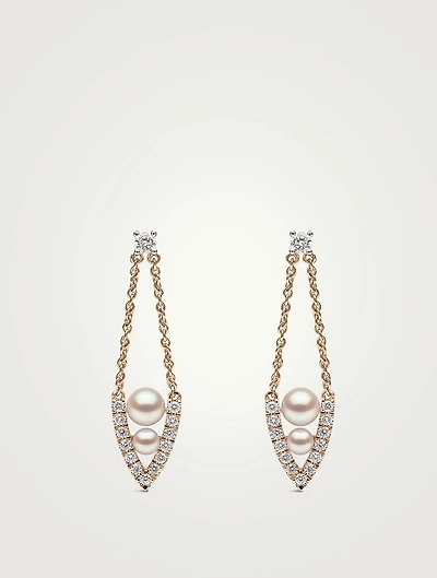 Sleek 18K Gold Akoya Pearl And Diamond Drop V-Shaped Earrings