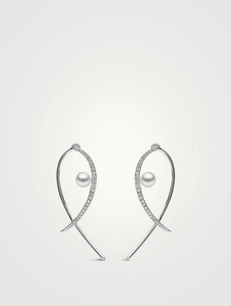 Sleek 18K White Gold Floating Akoya Pearl And Diamond Cross Earrings