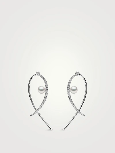 Sleek 18K White Gold Floating Akoya Pearl And Diamond Cross Earrings