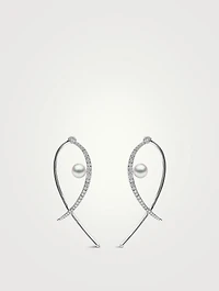 Sleek 18K White Gold Floating Akoya Pearl And Diamond Cross Earrings