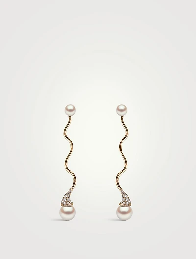 Sleek 18K Gold Akoya Pearl And Diamond Wave Earrings