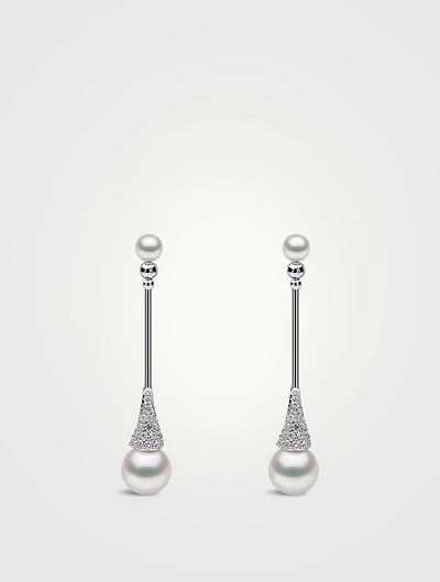 Sleek 18K White Gold Akoya Pearl And Diamond Earrings
