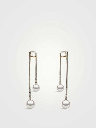 Sleek 18K Gold Akoya Pearl And Diamond Earrings