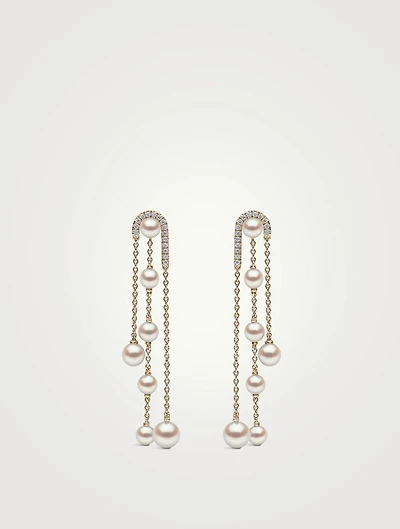 Sleek 18K Gold Pearl And Diamond Chain Earrings