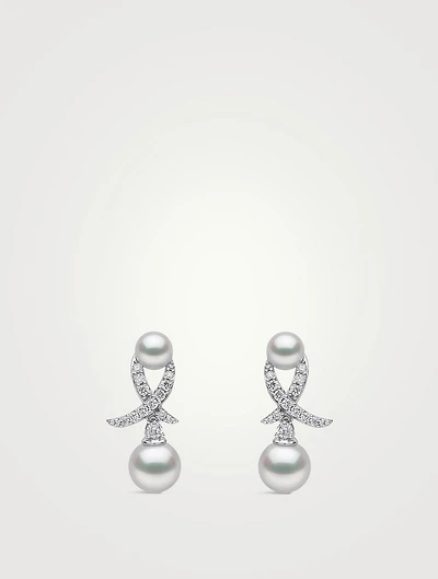 Sleek 18K White Gold Akoya Pearl And Diamond Motif Earrings