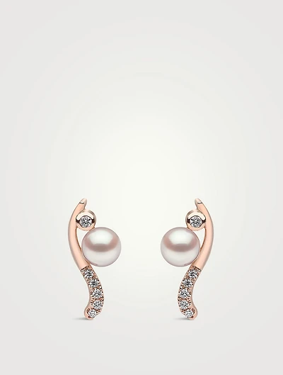 Trend 18K Rose Gold Pearl And Diamond Curve Stud Earrings