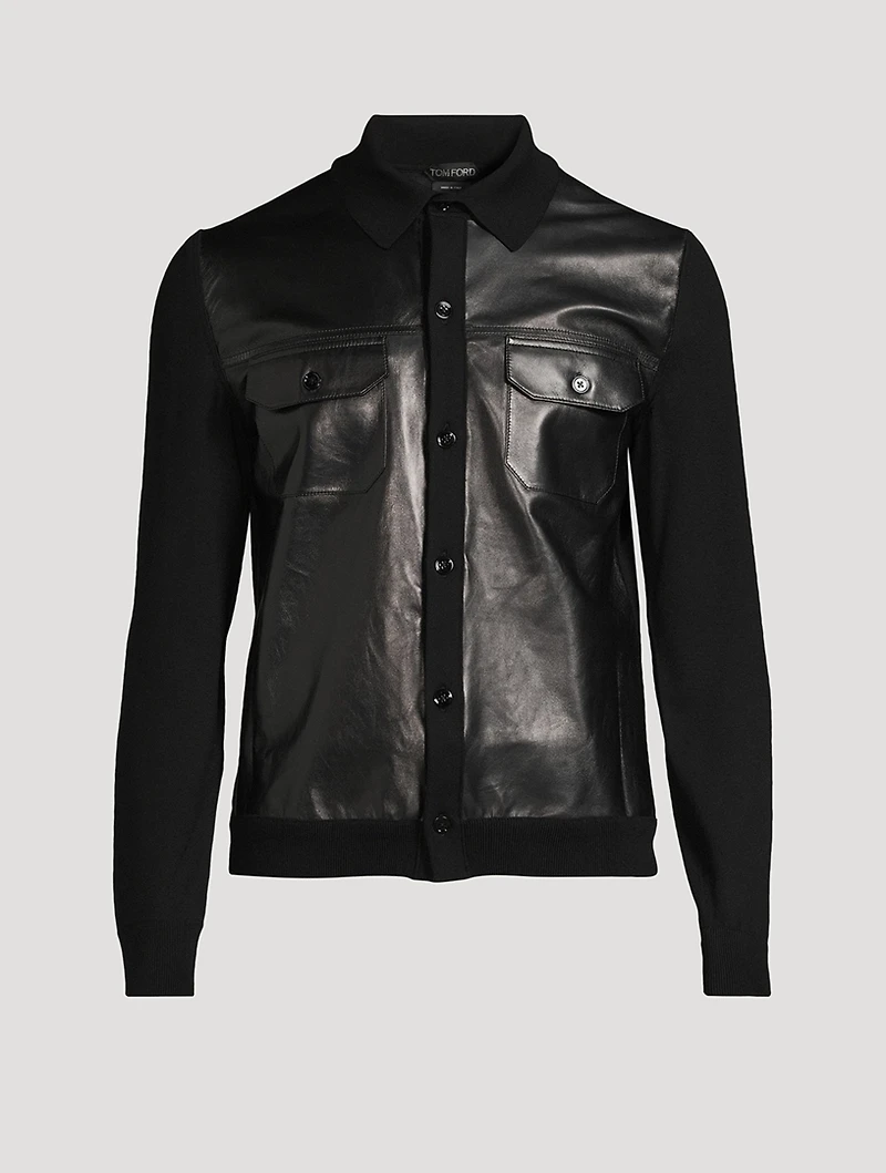 Leather-Front Wool Cardigan