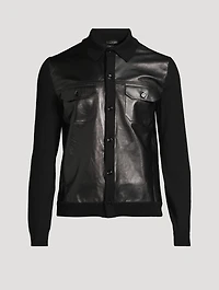 Leather-Front Wool Cardigan