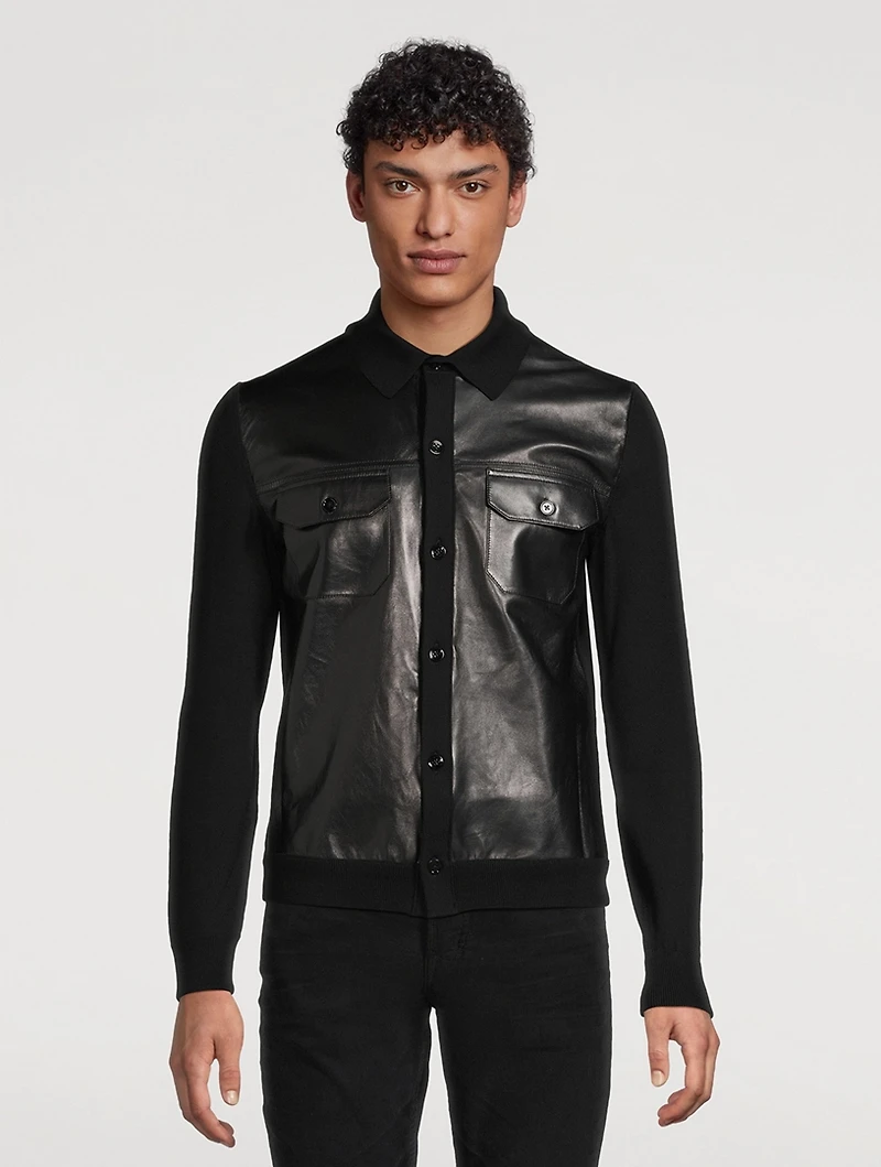Leather-Front Wool Cardigan