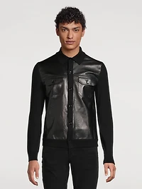Leather-Front Wool Cardigan