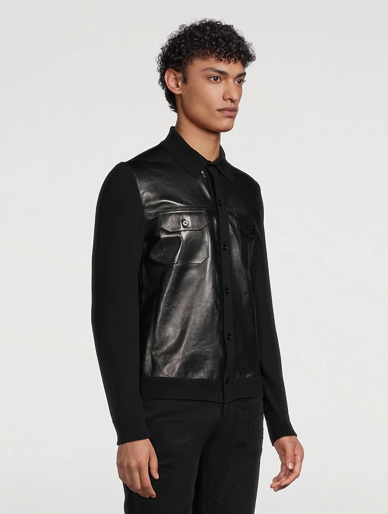 Leather-Front Wool Cardigan