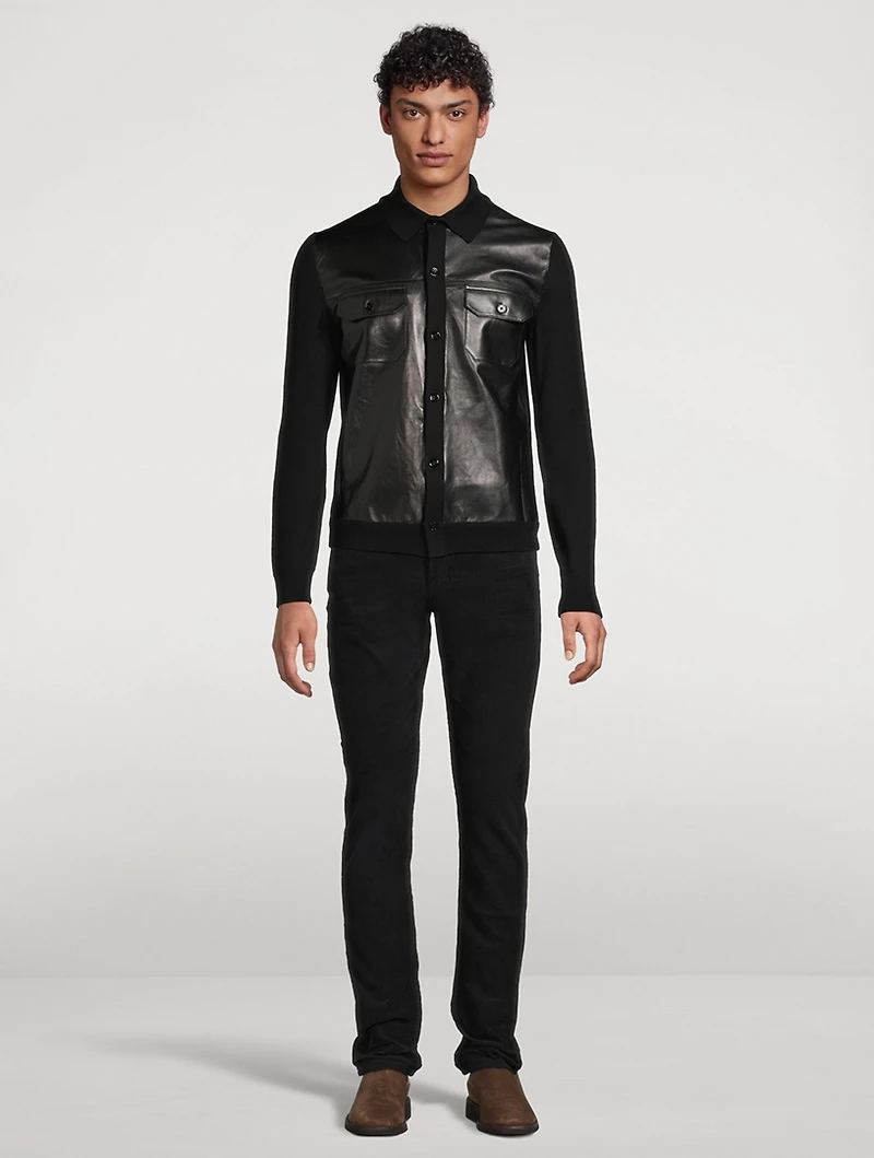 Leather-Front Wool Cardigan