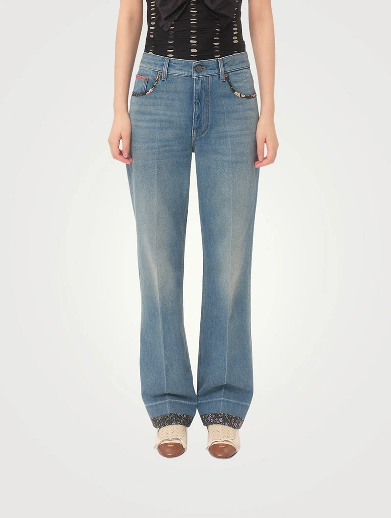Floral-Trimmed Straight-Leg Jeans