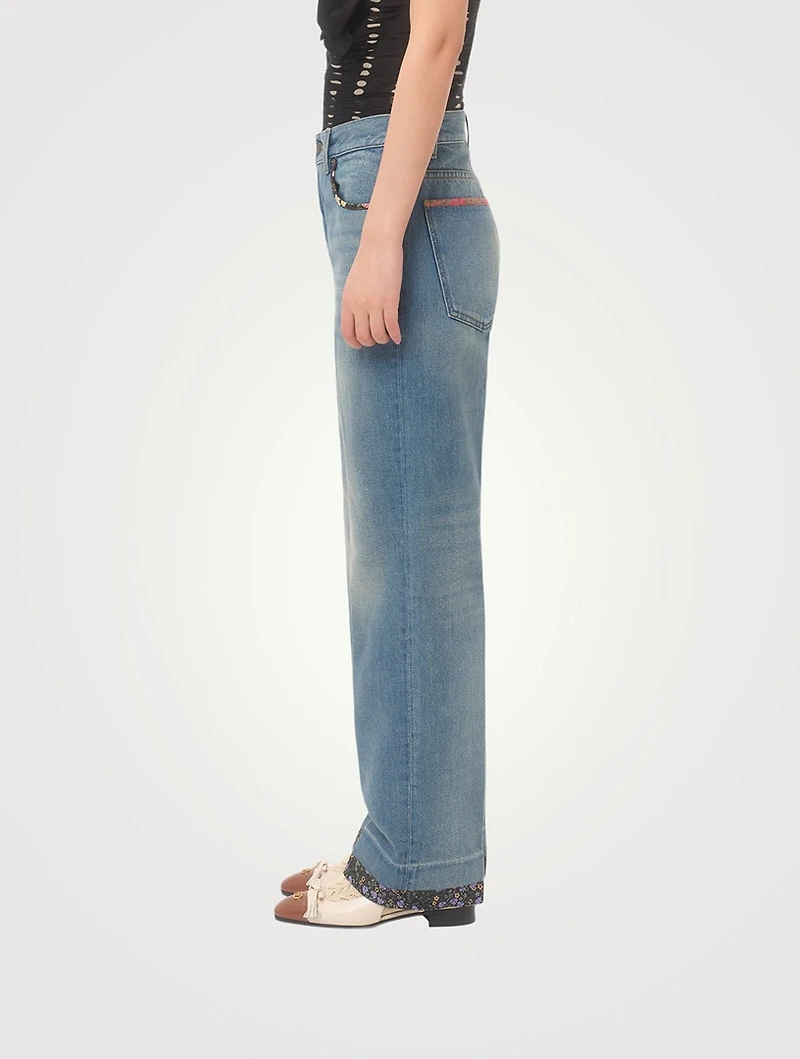 Floral-Trimmed Straight-Leg Jeans