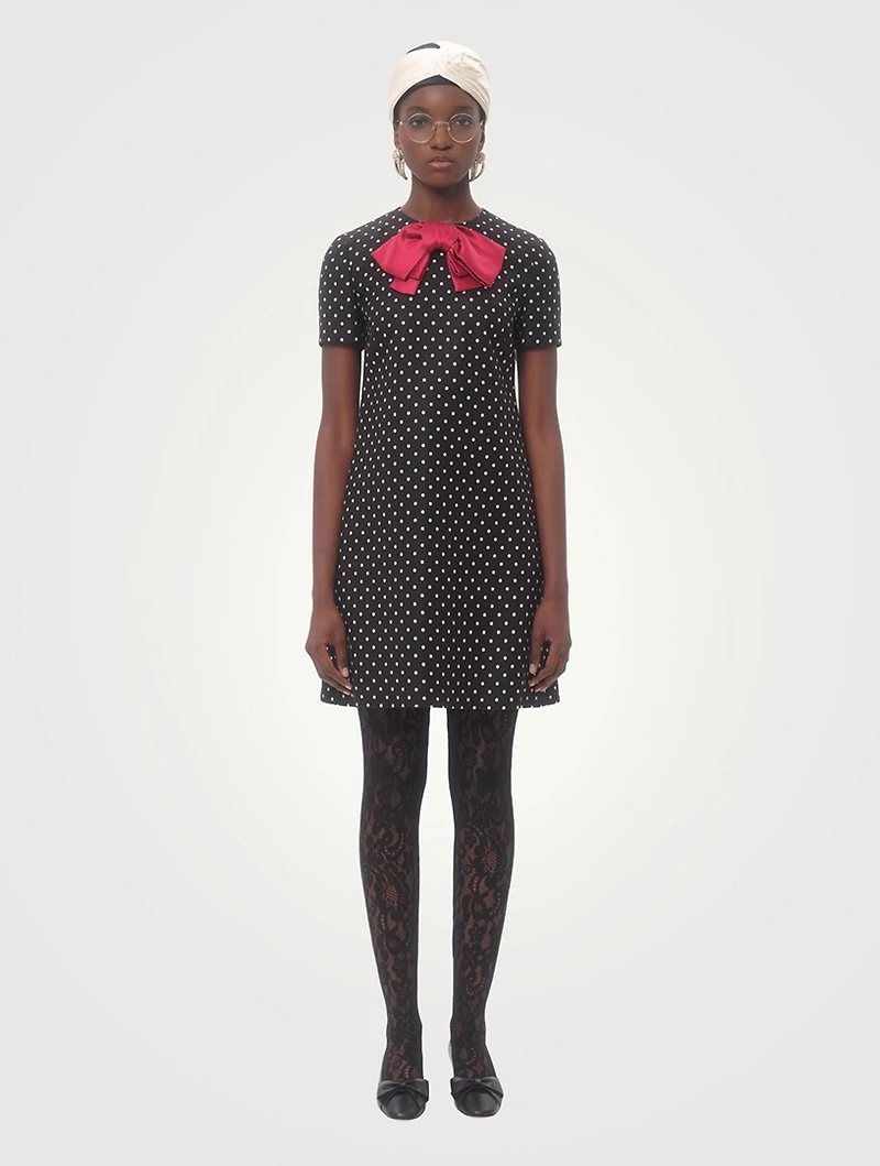 Bow-Trimmed Mini Dress Polka Dot Print