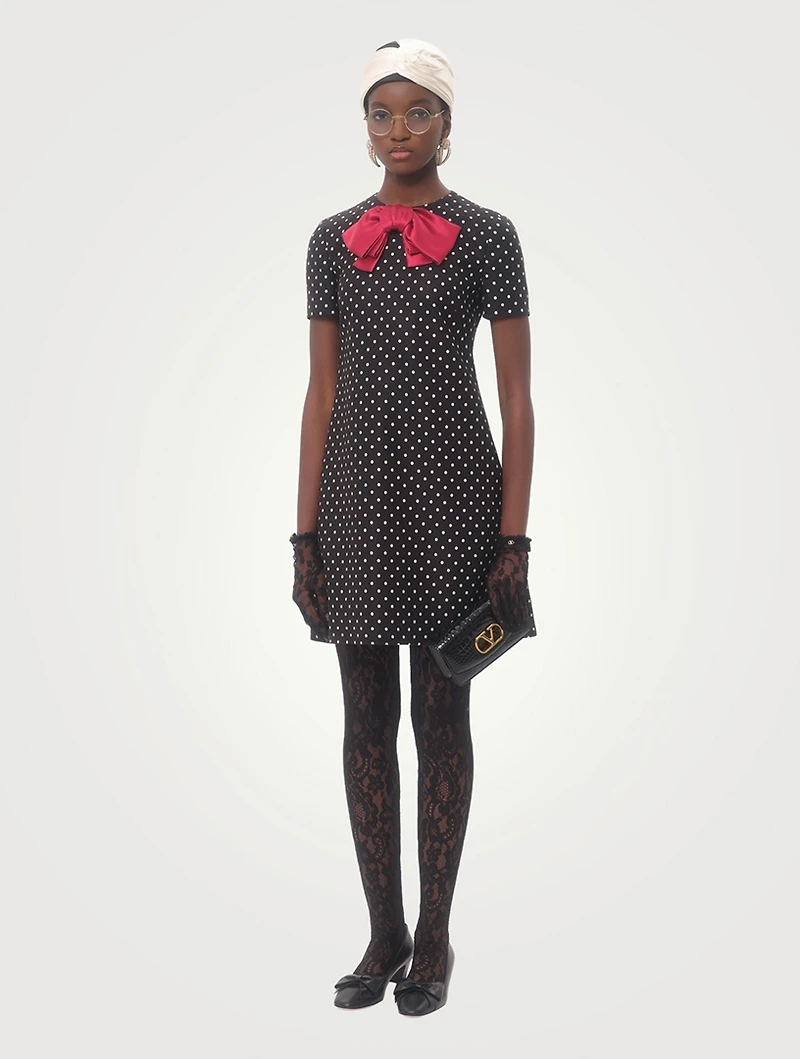 Bow-Trimmed Mini Dress Polka Dot Print