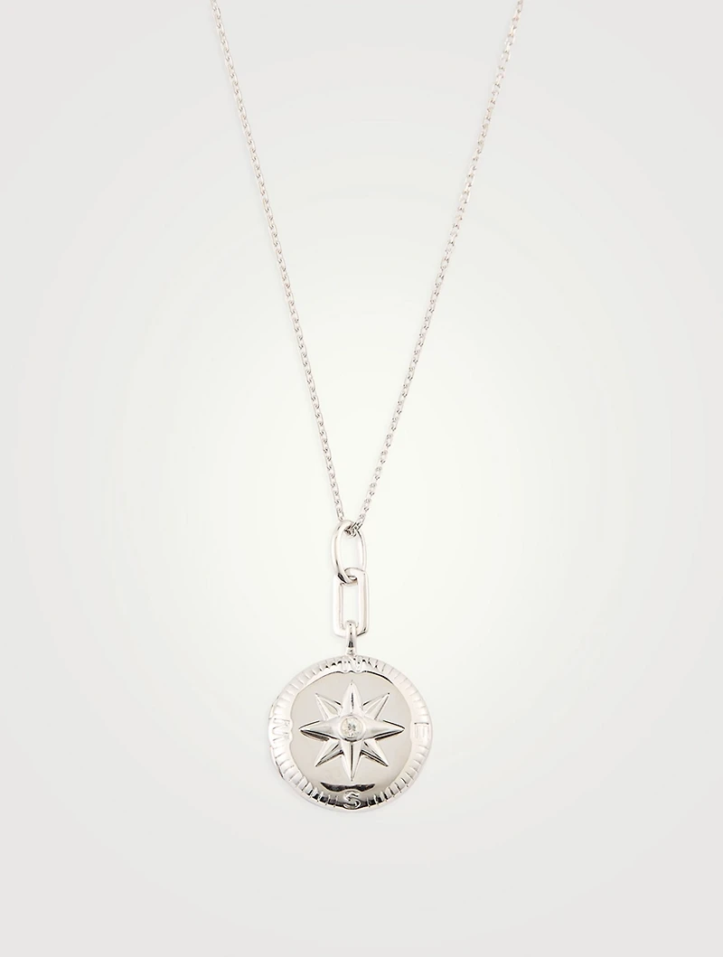 Adventure Compass Silver Locket Necklace With Sapphire