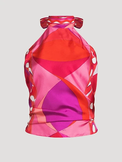 Silk Twill Halter Top In Marmo Print