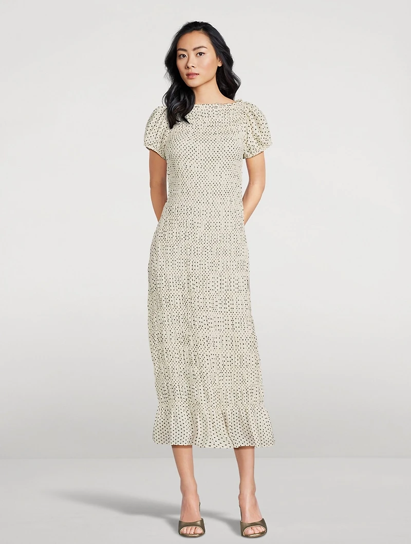 Georgene Smocked Midi Dress Polka Dot Print