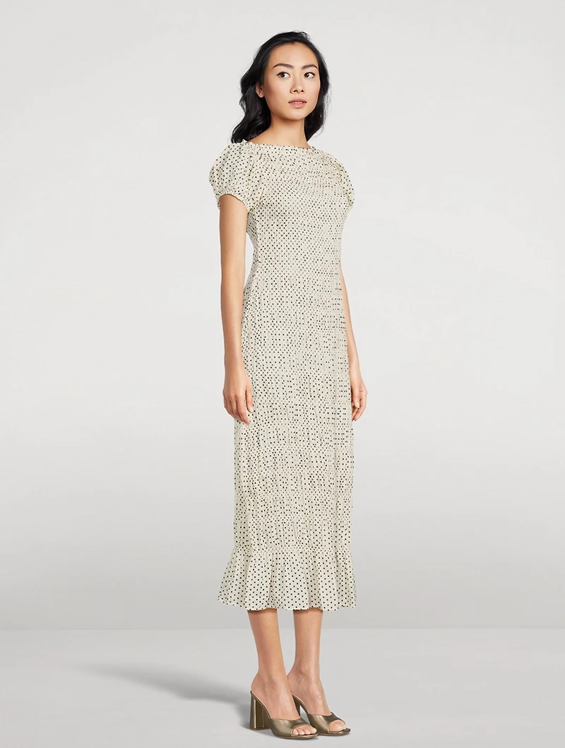 Georgene Smocked Midi Dress Polka Dot Print