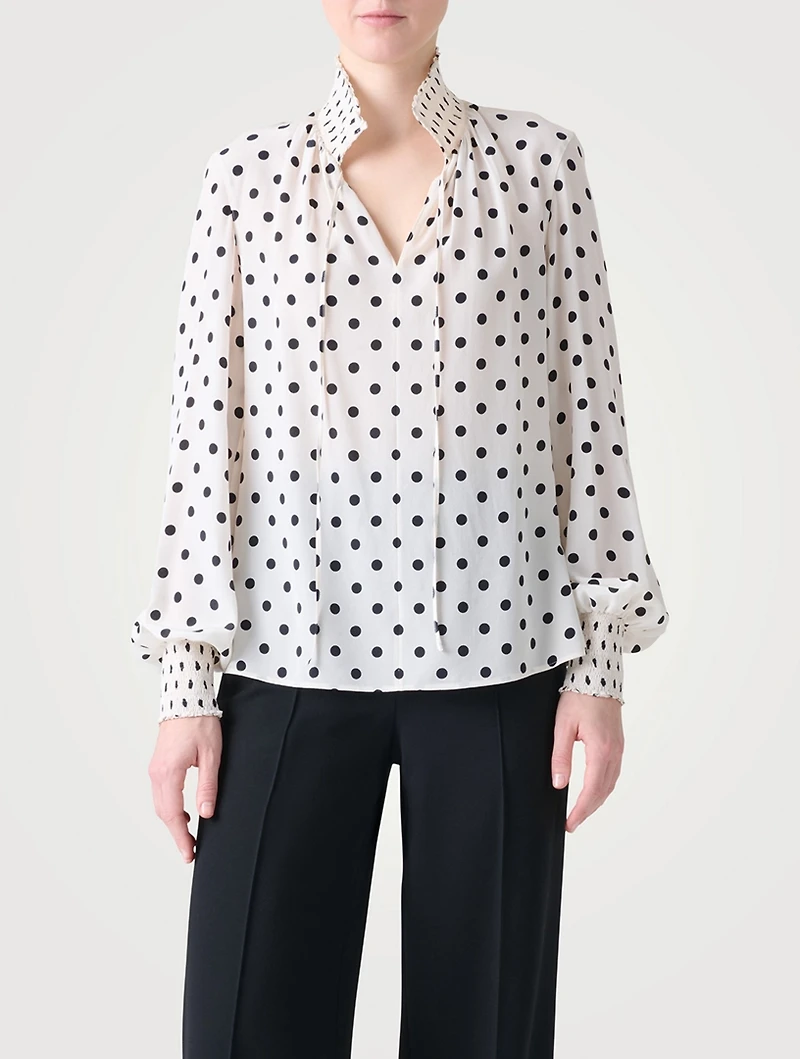 Silk Tie-Neck Blouse Polka Dot Print