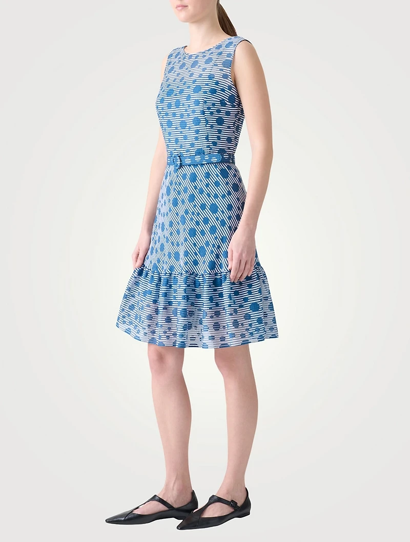 Belted Midi Dress Stripe Dot Print
