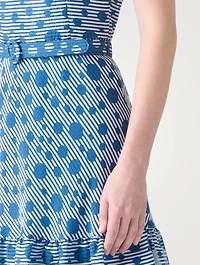 Belted Midi Dress Stripe Dot Print