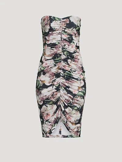 Strapless Shirred Dress Floral Print