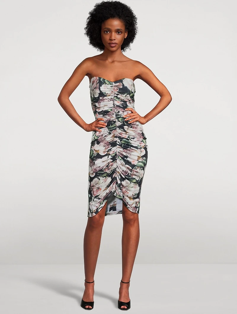 Strapless Shirred Dress Floral Print