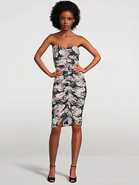 Strapless Shirred Dress Floral Print