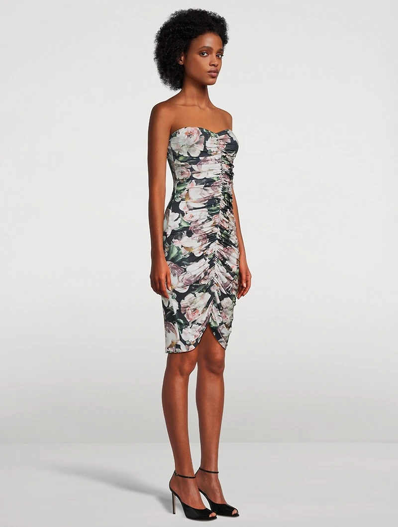 Strapless Shirred Dress Floral Print