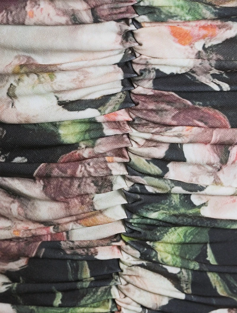 Strapless Shirred Dress Floral Print