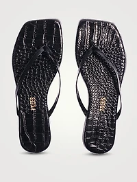 Lily Square-Toe Croc-Embossed Leather Flip-Flops