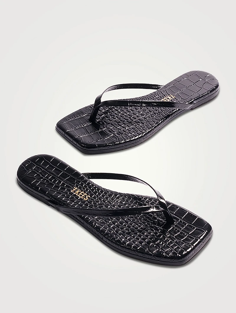 Lily Square-Toe Croc-Embossed Leather Flip-Flops
