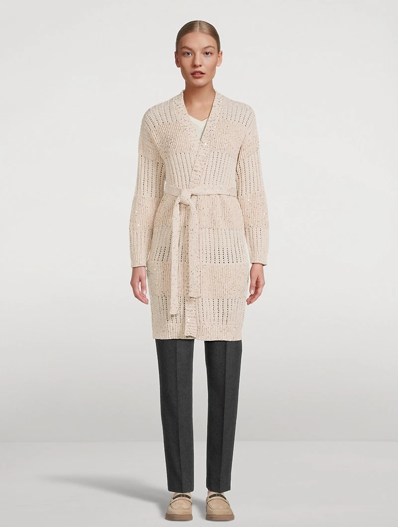 Belted Sequin Knit Cardigan