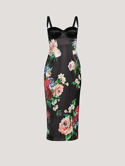 Corset Satin Midi Dress Floral Print