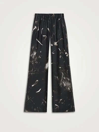 Riverside Silk Twill Wide-Leg Trousers Charcoal Print