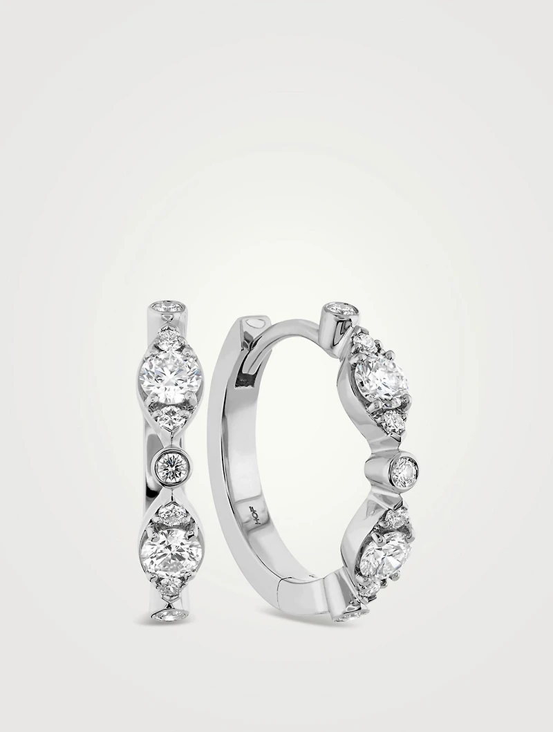 HOF 18K White Gold Bezel Regal Huggie Hoop Earrings With Diamonds