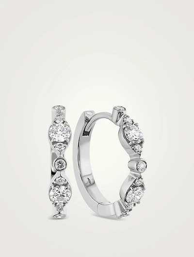HOF 18K White Gold Bezel Regal Huggie Hoop Earrings With Diamonds