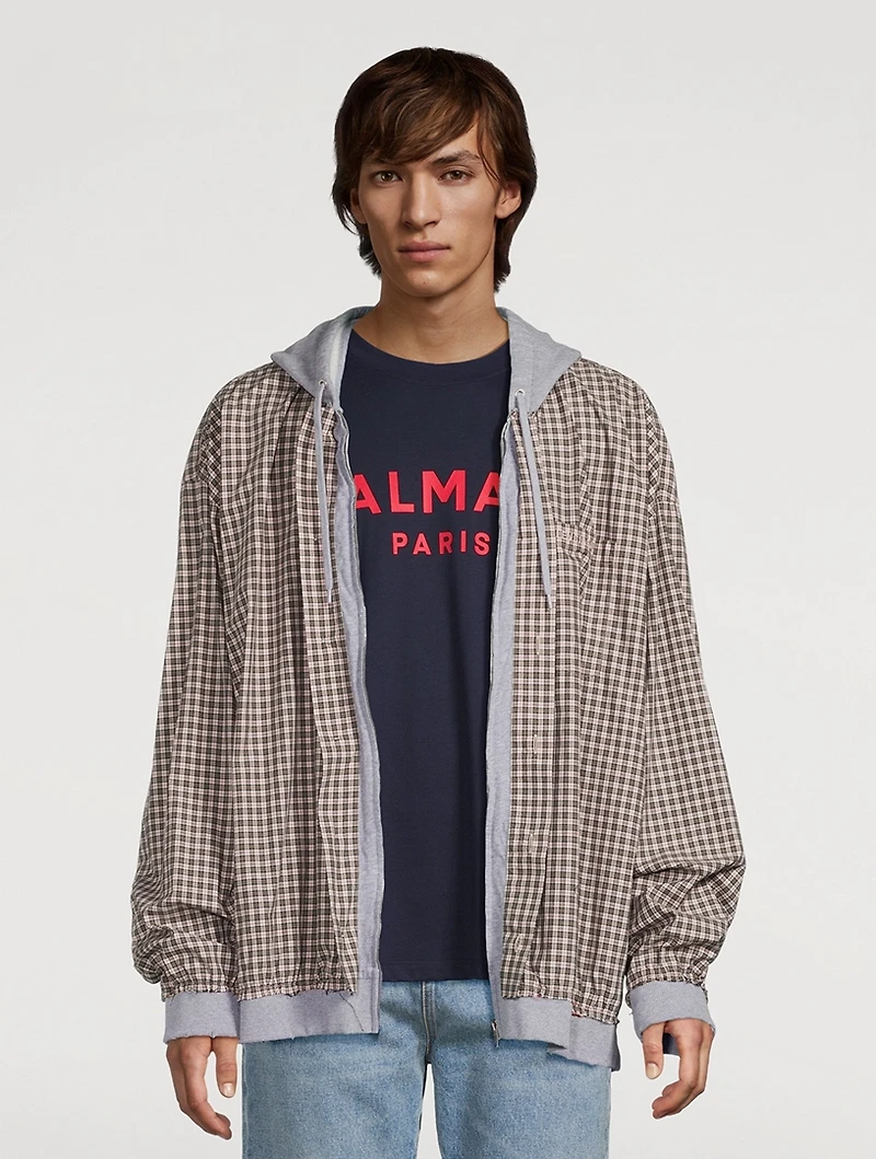 Micro Tartan Faux-Layered Zip Hoodie