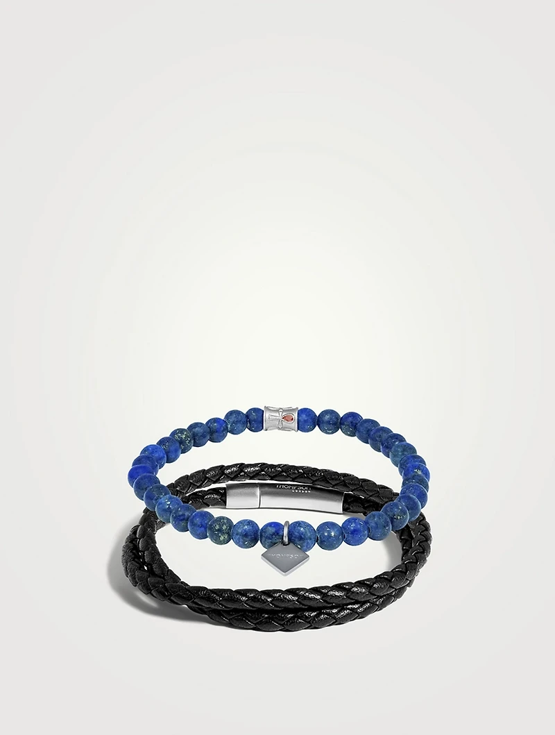 Blue Lapis And Stainless Steel Ankh Duo Bracelet Set