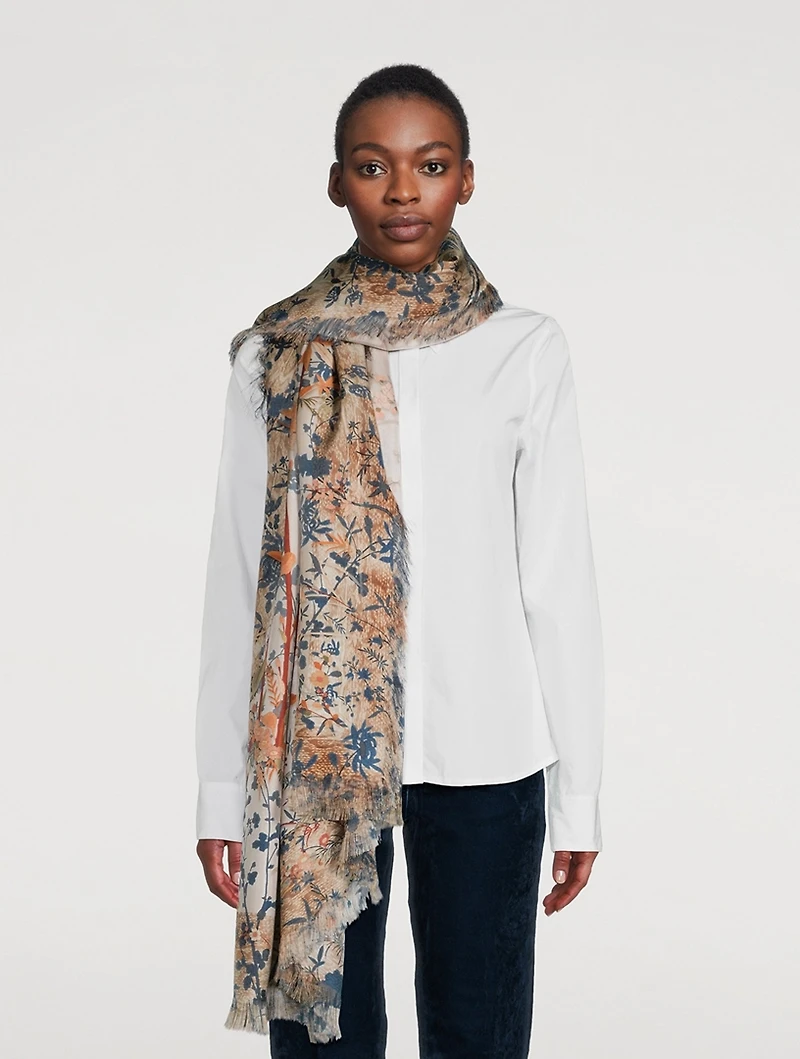 Silk Scarf In Flora And Fauna Print