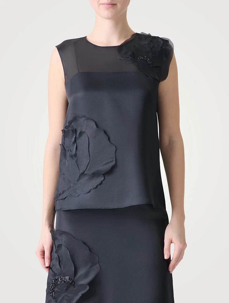 Sleeveless Blouse With 3D Anemone Appliqué